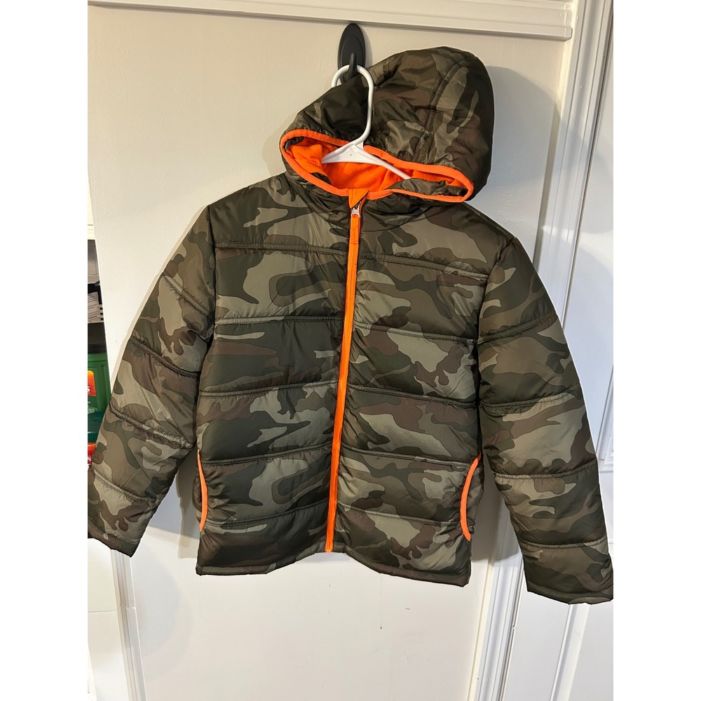Faded Glory Boys Camo Puffer Jacket Orange Fleece Lined Hooded Coat Size L 10-12